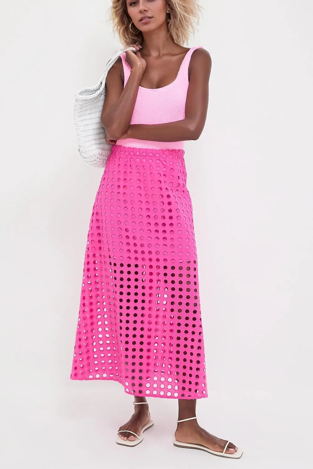 Women Flowy Summer Eyelet Maxi Skirt Hollow Out High Waist Long Skirts Embroidered A-Line Beach Skirt with Underneath