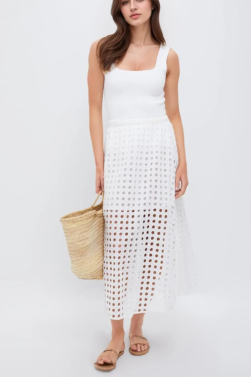 Women Flowy Summer Eyelet Maxi Skirt Hollow Out High Waist Long Skirts Embroidered A-Line Beach Skirt with Underneath