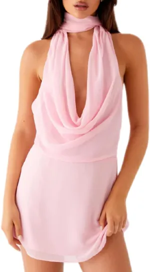 Women Halter Neck Mini Bodycon Dress with Scarf Sexy Backless Silk Satin Short Dress Club Party Dresses