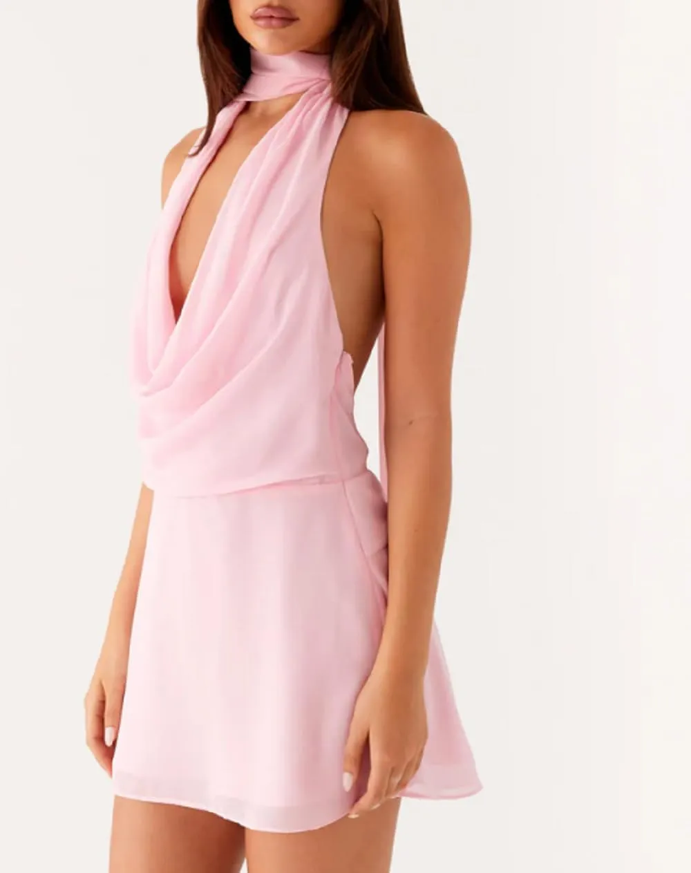 Women Halter Neck Mini Bodycon Dress with Scarf Sexy Backless Silk Satin Short Dress Club Party Dresses