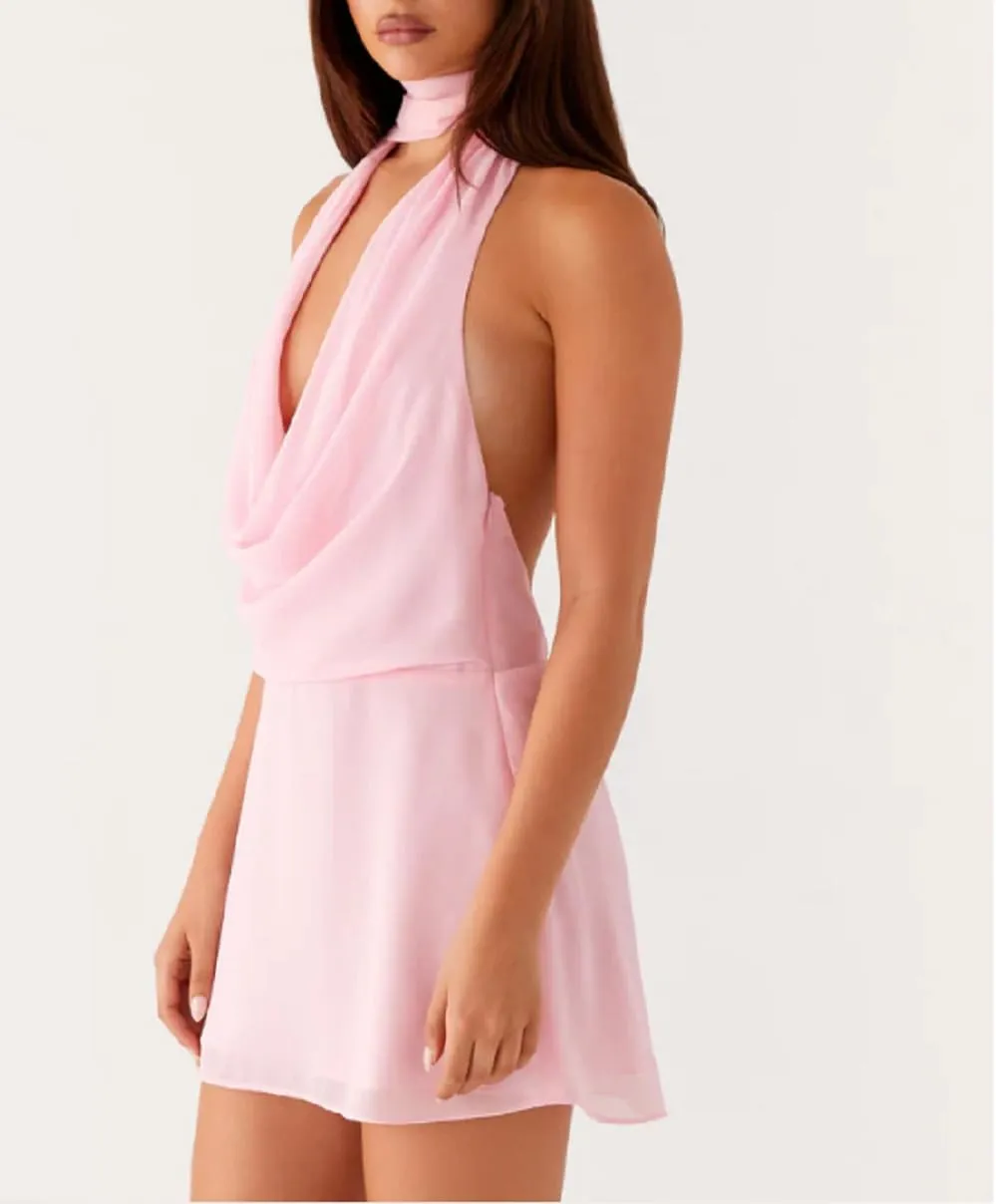Women Halter Neck Mini Bodycon Dress with Scarf Sexy Backless Silk Satin Short Dress Club Party Dresses