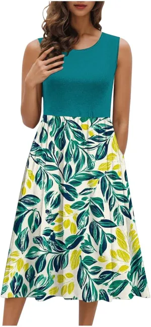 Women Patchwork Casual Dresses Fashion Floral Printed Skirt Summer Round Neck Sleeveless Pleated Beach Dress