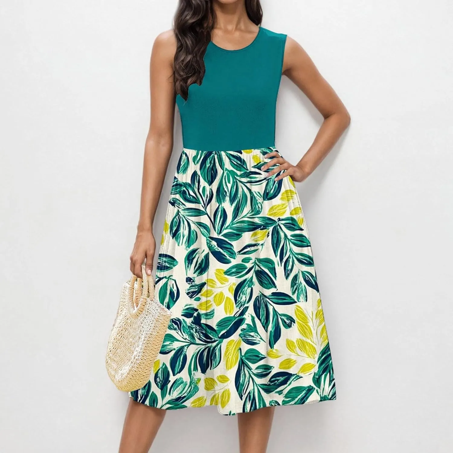 Women Patchwork Casual Dresses Fashion Floral Printed Skirt Summer Round Neck Sleeveless Pleated Beach Dress