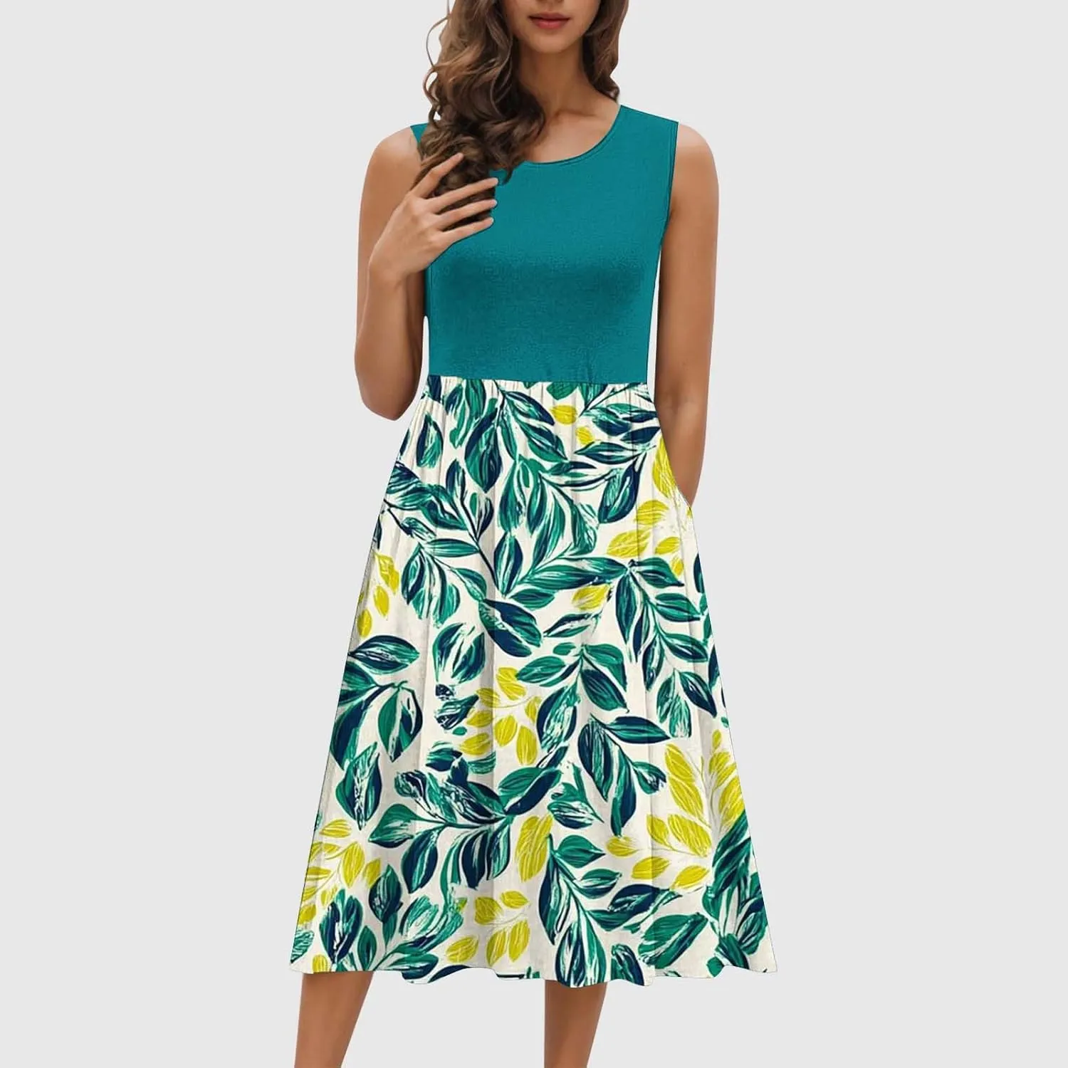 Women Patchwork Casual Dresses Fashion Floral Printed Skirt Summer Round Neck Sleeveless Pleated Beach Dress