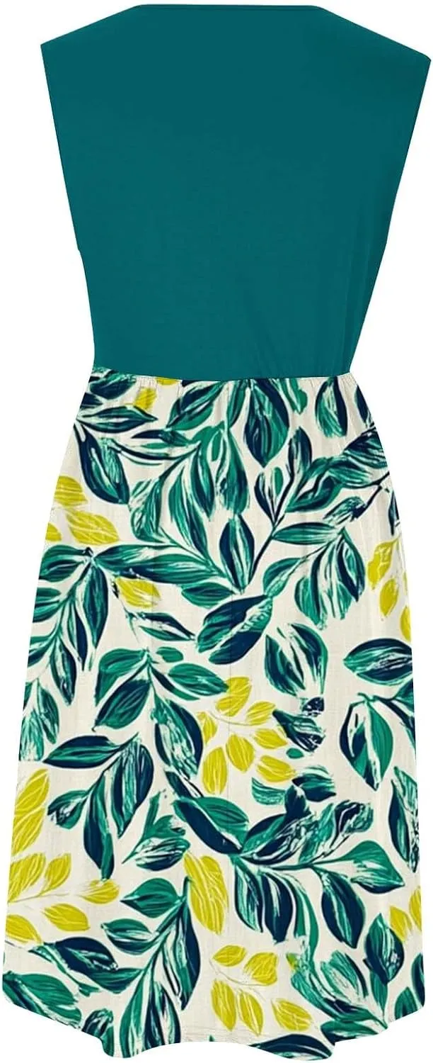 Women Patchwork Casual Dresses Fashion Floral Printed Skirt Summer Round Neck Sleeveless Pleated Beach Dress