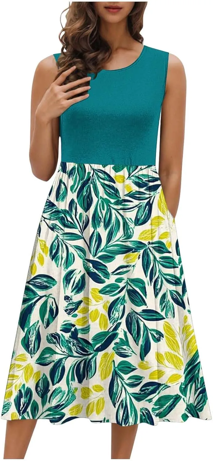 Women Patchwork Casual Dresses Fashion Floral Printed Skirt Summer Round Neck Sleeveless Pleated Beach Dress
