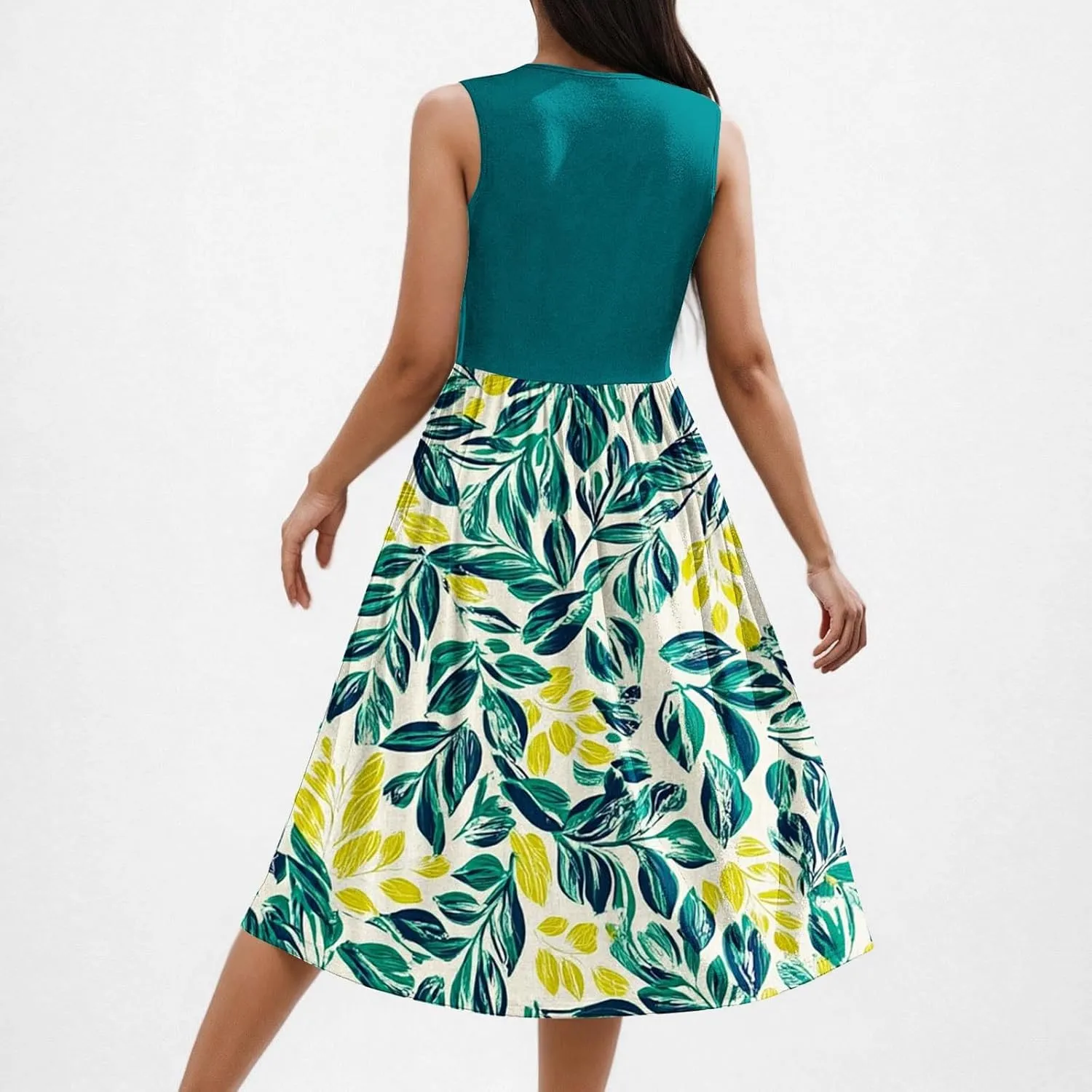 Women Patchwork Casual Dresses Fashion Floral Printed Skirt Summer Round Neck Sleeveless Pleated Beach Dress