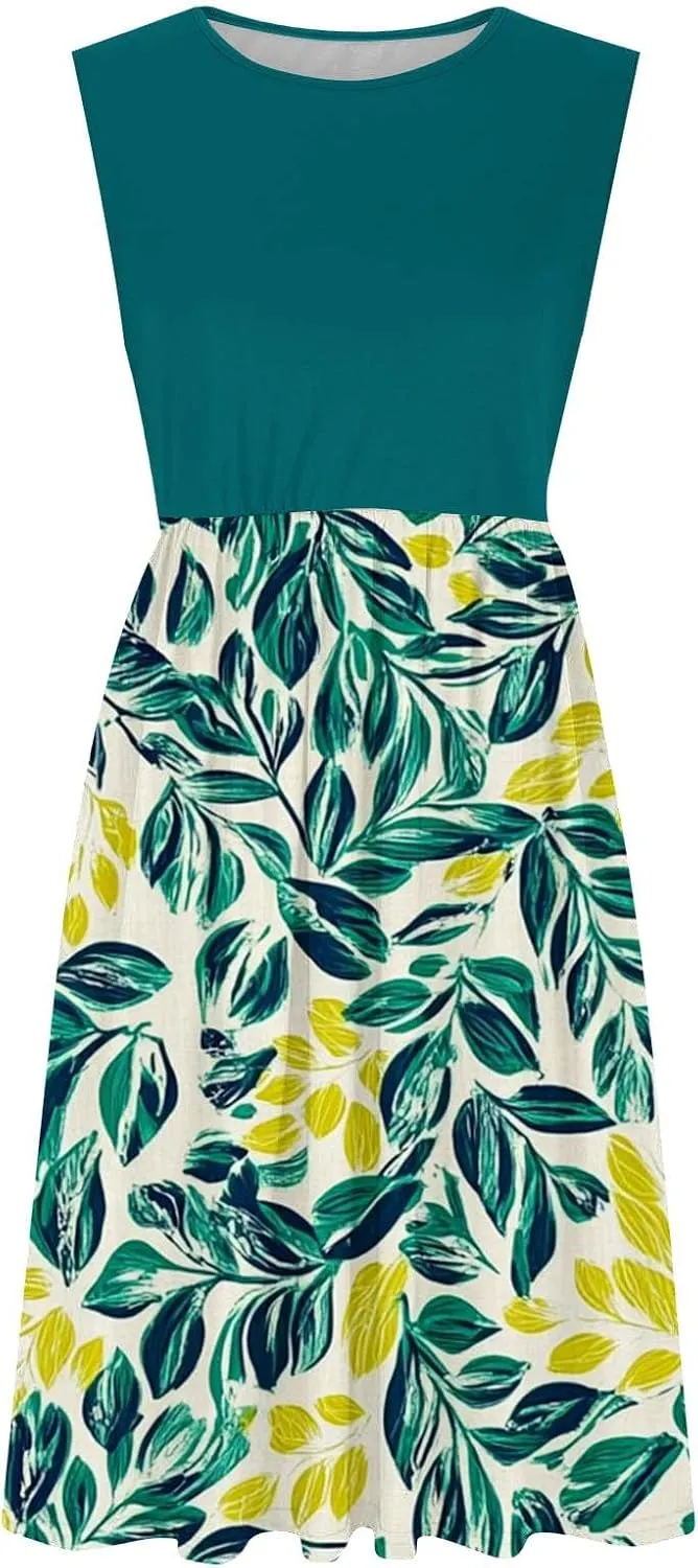 Women Patchwork Casual Dresses Fashion Floral Printed Skirt Summer Round Neck Sleeveless Pleated Beach Dress