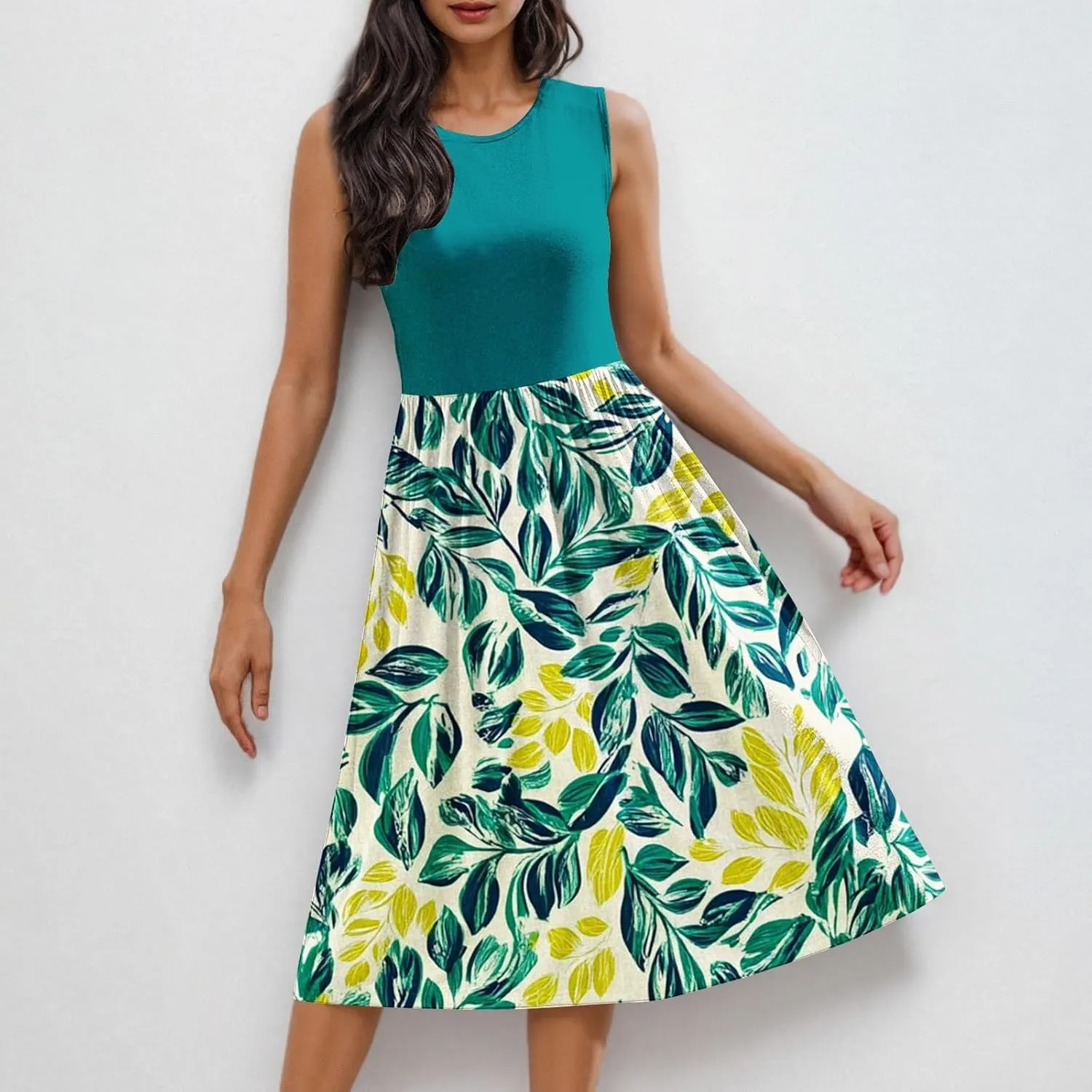 Women Patchwork Casual Dresses Fashion Floral Printed Skirt Summer Round Neck Sleeveless Pleated Beach Dress