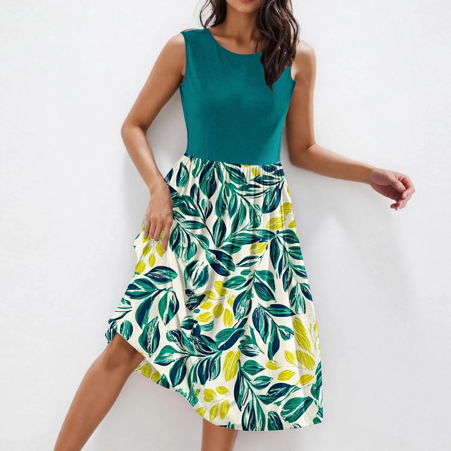 Women Patchwork Casual Dresses Fashion Floral Printed Skirt Summer Round Neck Sleeveless Pleated Beach Dress