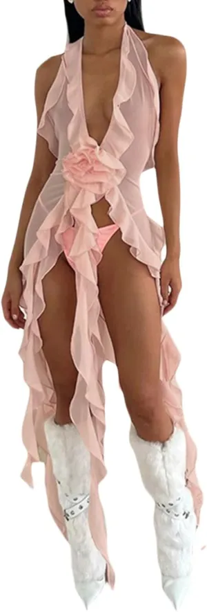 Women Ruffle Ruched Mini Dress Sleeveless Lace Up Short Dresses Irregular Hem Smocked Dress Y2K Night Party Wear