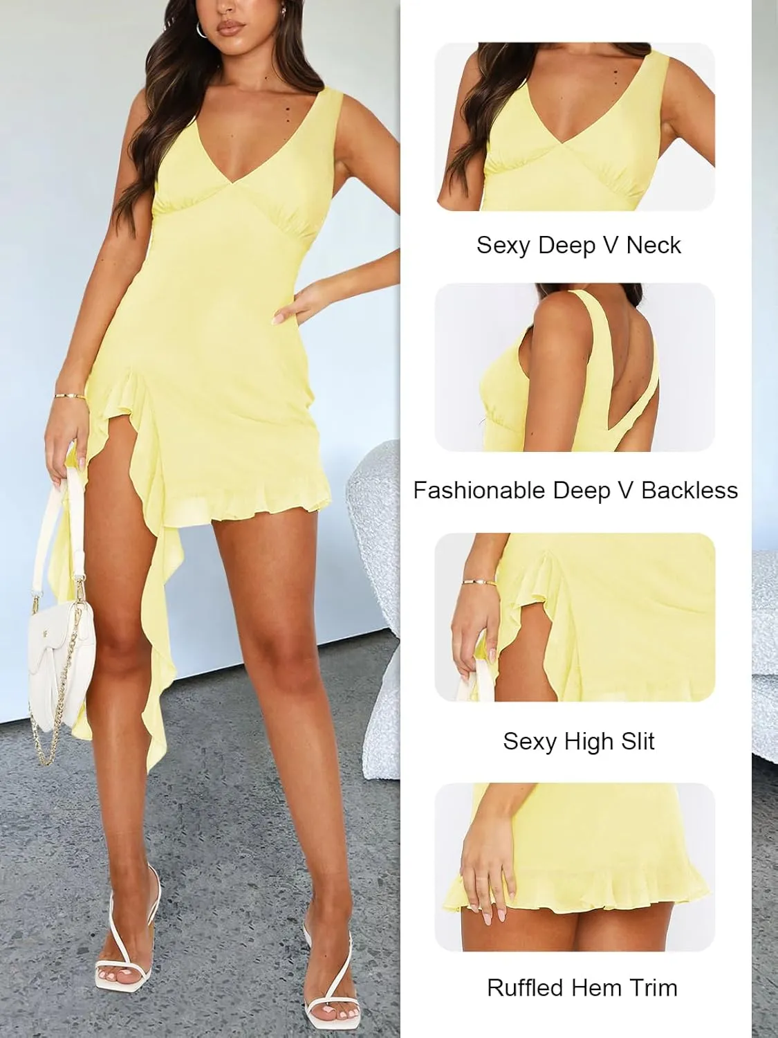 Women Sleeveless Sexy V Neck Bodycon Mini Dress Summer Side Slit Mesh Irregular Ruffle Hem Backless Short Dress