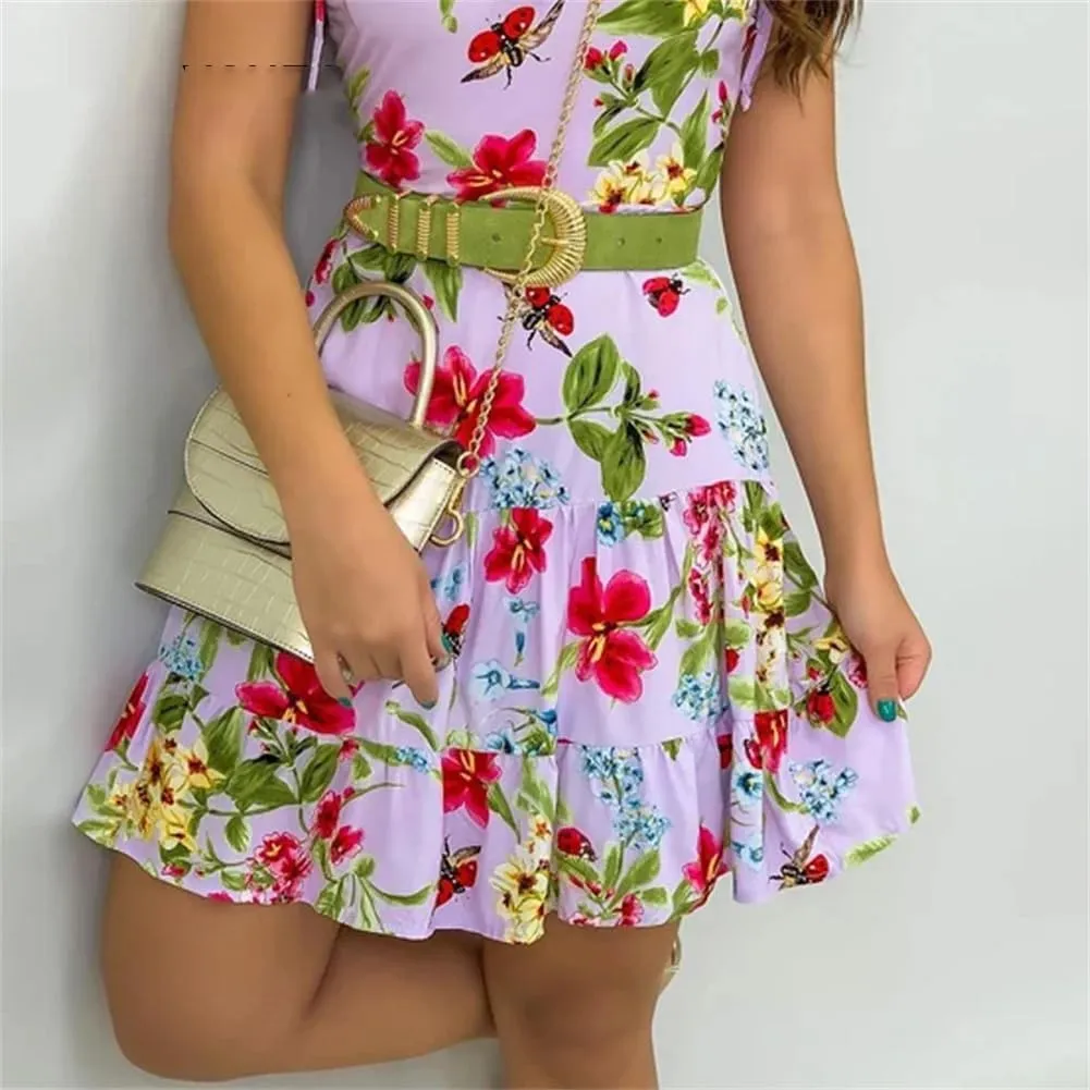 Women Spaghetti Strap Floral Print Short Dress Ruffles Casual Mini Dresses