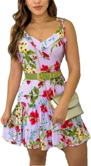 Women Spaghetti Strap Floral Print Short Dress Ruffles Casual Mini Dresses