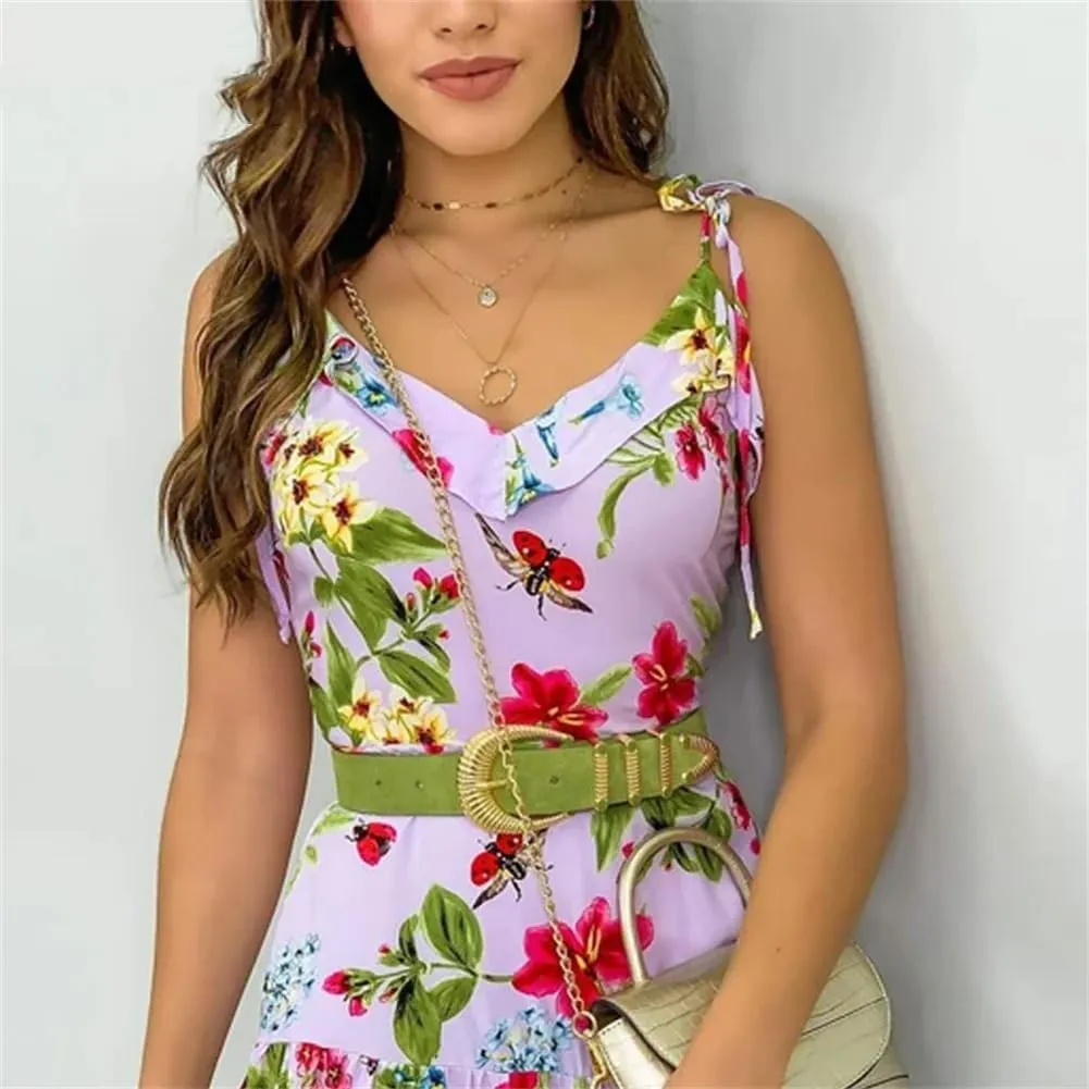 Women Spaghetti Strap Floral Print Short Dress Ruffles Casual Mini Dresses