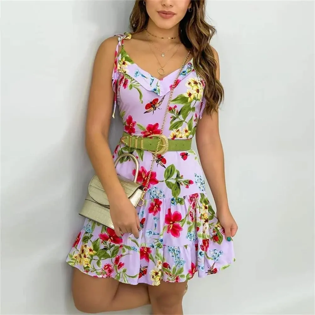 Women Spaghetti Strap Floral Print Short Dress Ruffles Casual Mini Dresses