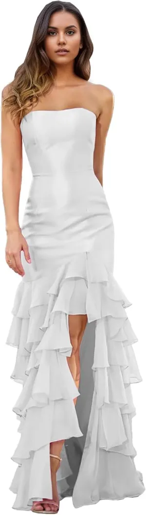 Women Strapless Tiered Mermaid Prom Dress Ruffles Chiffon Sweetheart Formal Evening Party Gowns 2025 DR0748