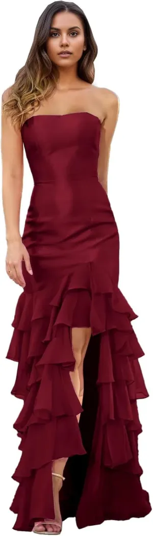 Women Strapless Tiered Mermaid Prom Dress Ruffles Chiffon Sweetheart Formal Evening Party Gowns 2025 DR0748