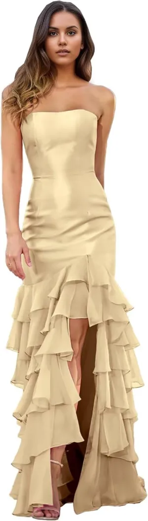 Women Strapless Tiered Mermaid Prom Dress Ruffles Chiffon Sweetheart Formal Evening Party Gowns 2025 DR0748