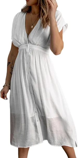 Women Summer Button Down V Neck Midi Dress Cap Sleeve Flowy Long Dresses High Pleated Waist Beach Sundress