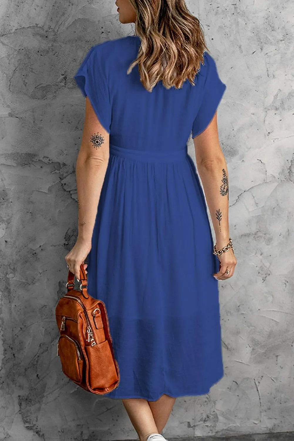 Women Summer Button Down V Neck Midi Dress Cap Sleeve Flowy Long Dresses High Pleated Waist Beach Sundress