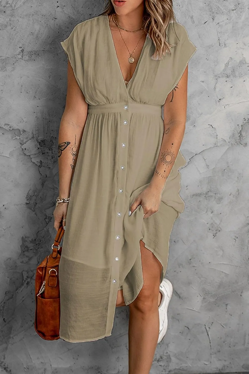Women Summer Button Down V Neck Midi Dress Cap Sleeve Flowy Long Dresses High Pleated Waist Beach Sundress