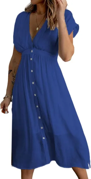 Women Summer Button Down V Neck Midi Dress Cap Sleeve Flowy Long Dresses High Pleated Waist Beach Sundress