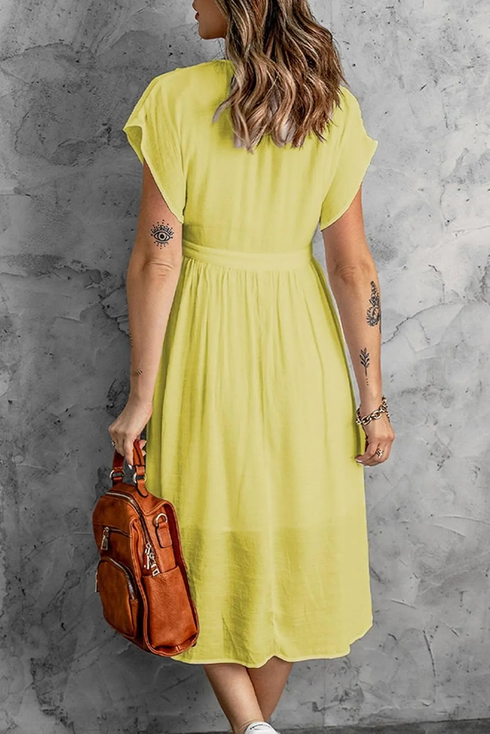 Women Summer Button Down V Neck Midi Dress Cap Sleeve Flowy Long Dresses High Pleated Waist Beach Sundress