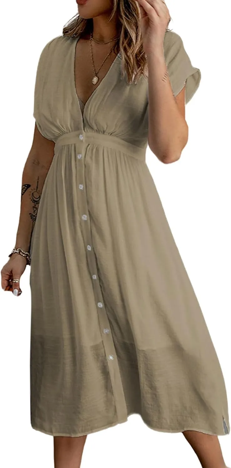Women Summer Button Down V Neck Midi Dress Cap Sleeve Flowy Long Dresses High Pleated Waist Beach Sundress