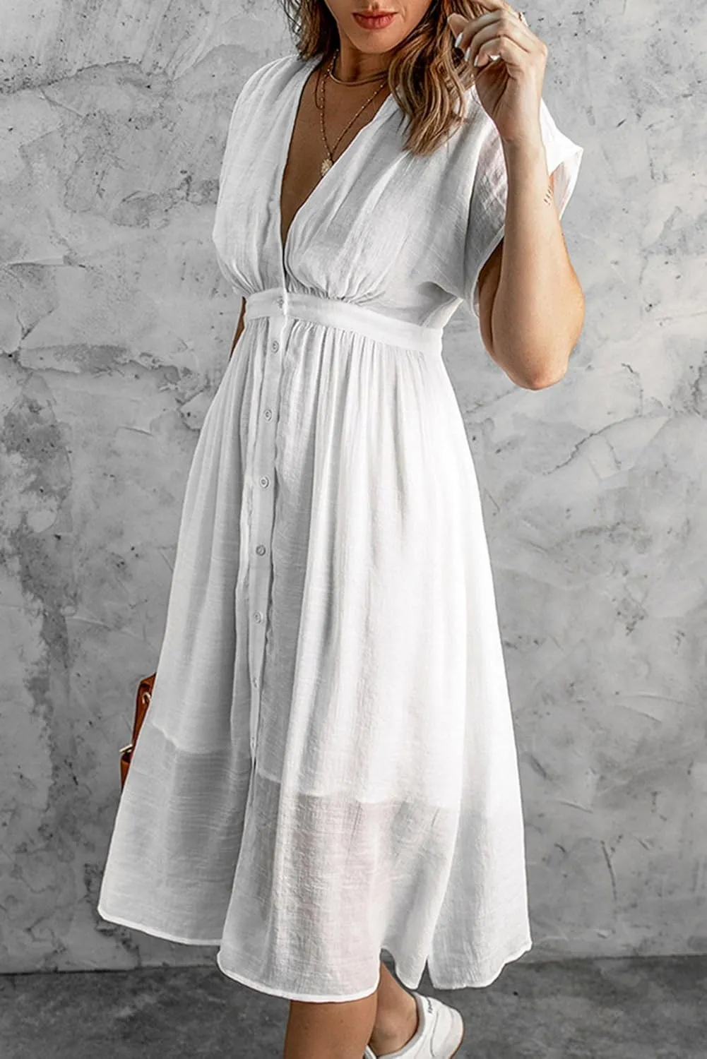 Women Summer Button Down V Neck Midi Dress Cap Sleeve Flowy Long Dresses High Pleated Waist Beach Sundress