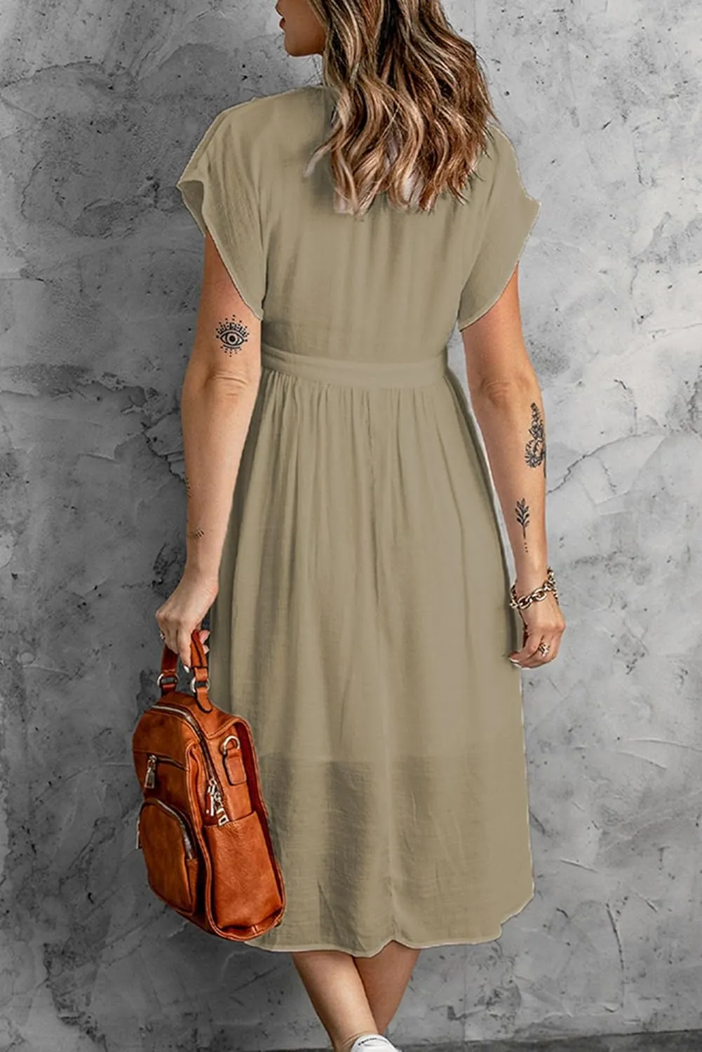 Women Summer Button Down V Neck Midi Dress Cap Sleeve Flowy Long Dresses High Pleated Waist Beach Sundress