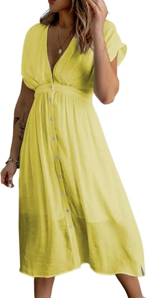 Women Summer Button Down V Neck Midi Dress Cap Sleeve Flowy Long Dresses High Pleated Waist Beach Sundress