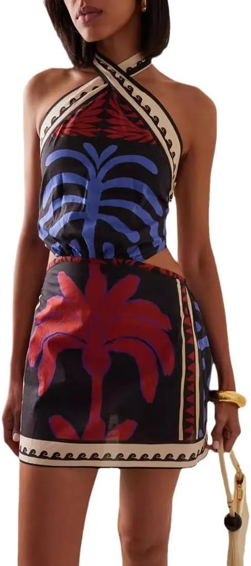 Women Summer Sleeveless Halter Neck Dresses Casual Floral Short Dress Mini Beach Vacation Sundresses