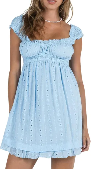 Women Y2k Babydoll Mini Dress Lace Trim Square Neck Sleeveless Floral Dress Flowy Sundress Summer Streetwear