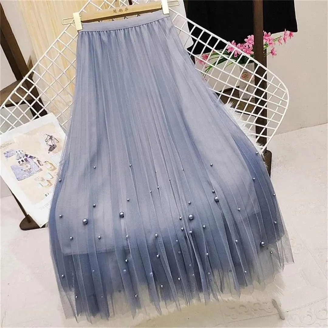 Women's Beaded Tulle Skirt Mesh Stretch High Waist Casual Solid A-Line Pleated Midi Skirts