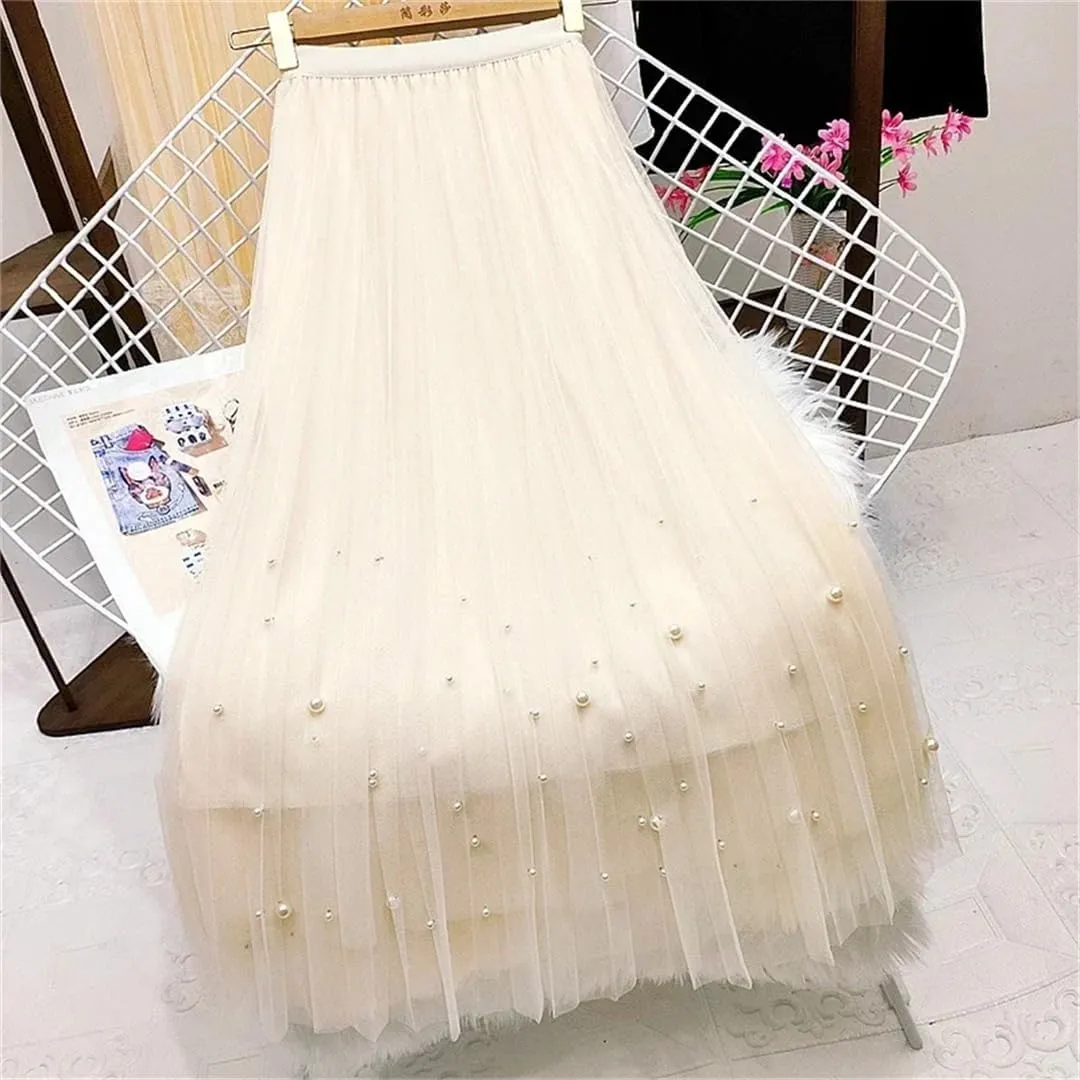 Women's Beaded Tulle Skirt Mesh Stretch High Waist Casual Solid A-Line Pleated Midi Skirts