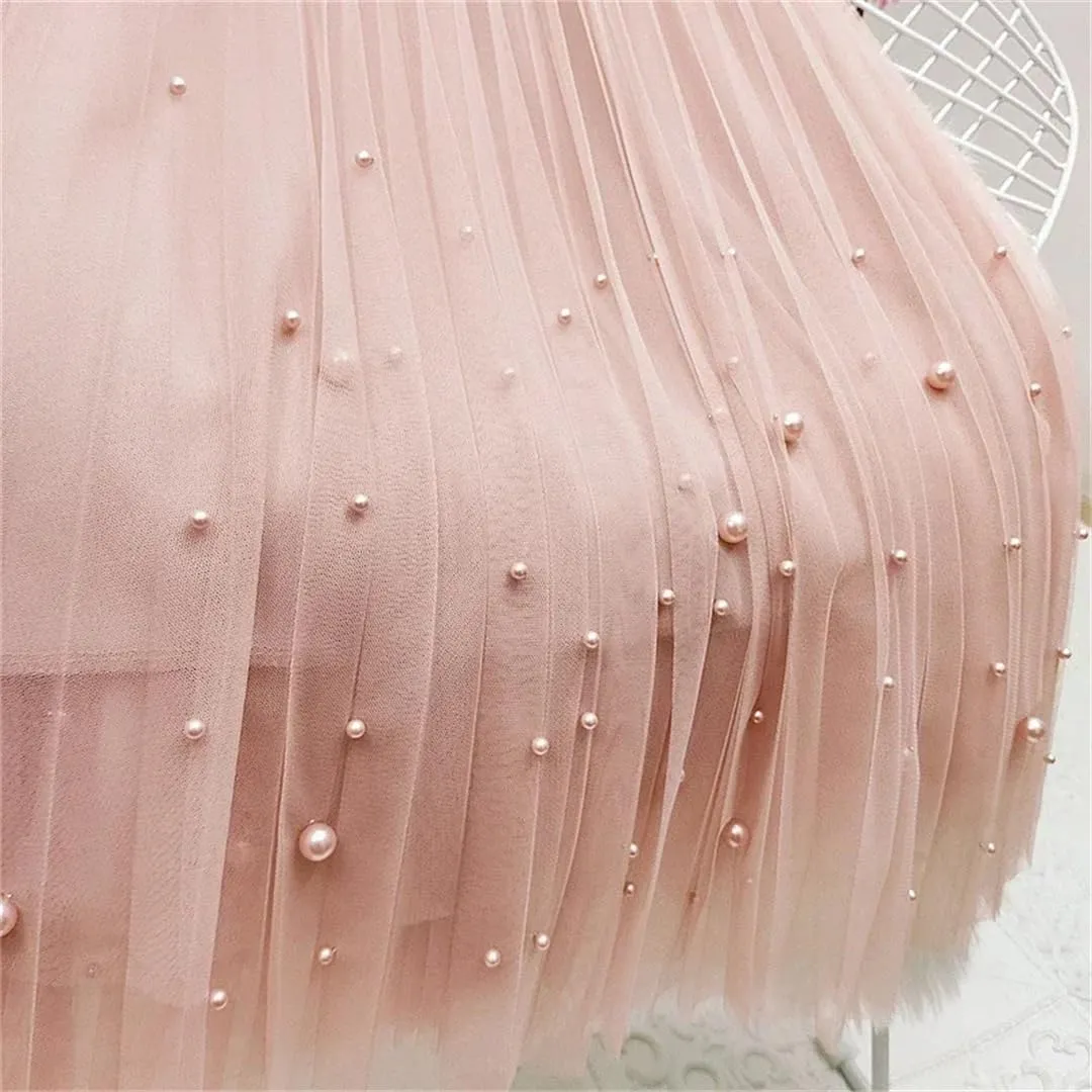 Women's Beaded Tulle Skirt Mesh Stretch High Waist Casual Solid A-Line Pleated Midi Skirts