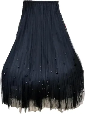 Women's Beaded Tulle Skirt Mesh Stretch High Waist Casual Solid A-Line Pleated Midi Skirts