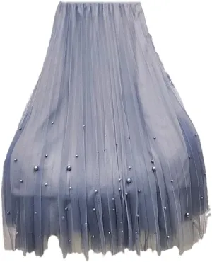 Women's Beaded Tulle Skirt Mesh Stretch High Waist Casual Solid A-Line Pleated Midi Skirts