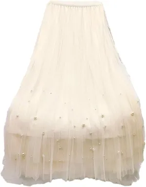 Women's Beaded Tulle Skirt Mesh Stretch High Waist Casual Solid A-Line Pleated Midi Skirts
