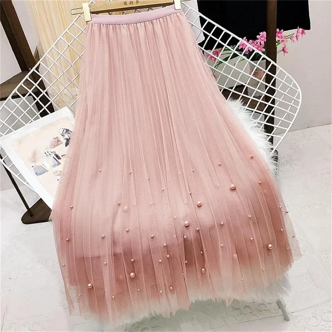 Women's Beaded Tulle Skirt Mesh Stretch High Waist Casual Solid A-Line Pleated Midi Skirts