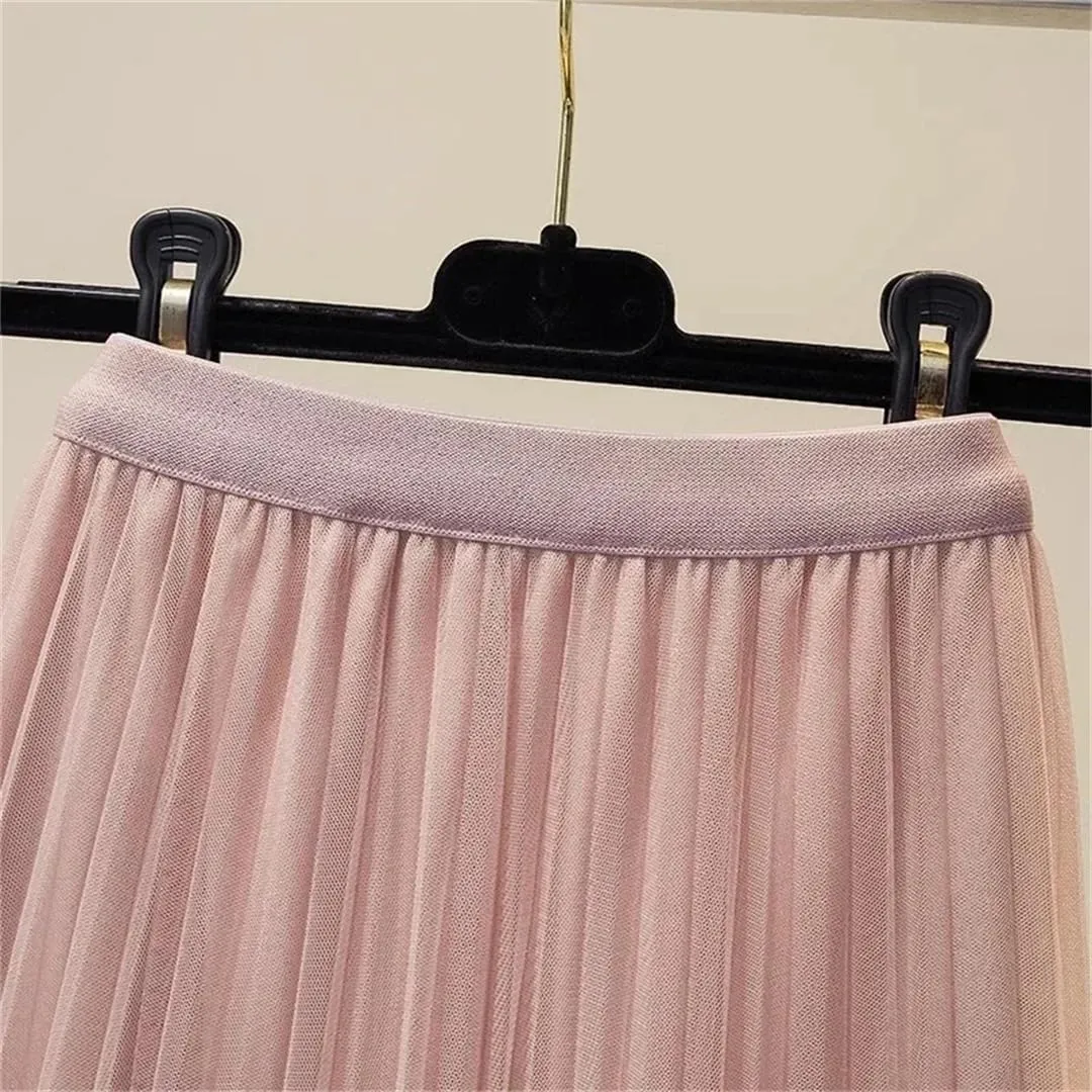 Women's Beaded Tulle Skirt Mesh Stretch High Waist Casual Solid A-Line Pleated Midi Skirts