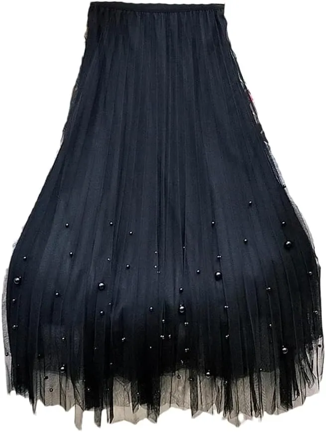 Women's Beaded Tulle Skirt Mesh Stretch High Waist Casual Solid A-Line Pleated Midi Skirts