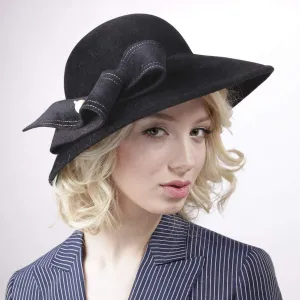 Women's Black Elegant Wide-Brim Hat with White Stitches