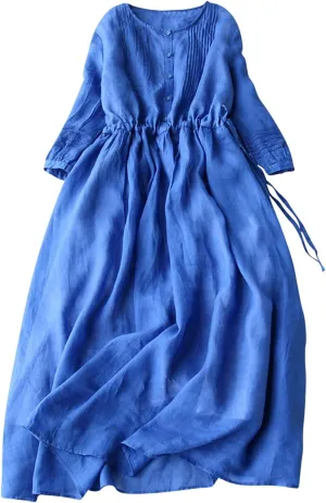Womens Bohemian Cotton Linen Dresses 3/4 Sleeve Maxi Long Dress Plain Classic Dresses Trendy Boho Dresses with Belt