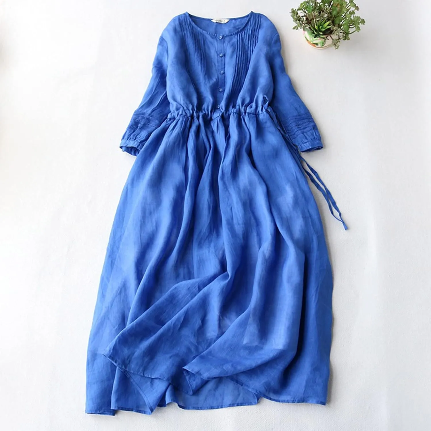 Womens Bohemian Cotton Linen Dresses 3/4 Sleeve Maxi Long Dress Plain Classic Dresses Trendy Boho Dresses with Belt