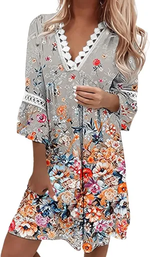 Women's Boho Floral Lace V-Neck Dress, 3/4 Sleeve Mini Beach Sundress, Flowy Swing Hawaiian Print for Summer 2024