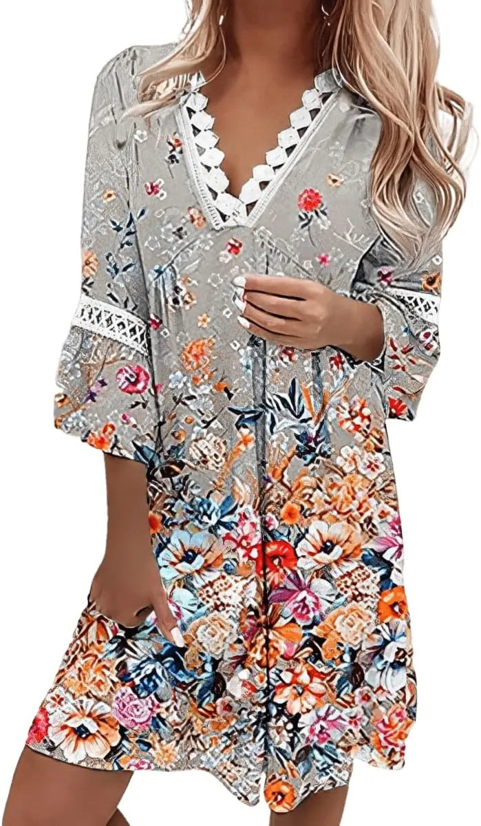Women's Boho Floral Lace V-Neck Dress, 3/4 Sleeve Mini Beach Sundress, Flowy Swing Hawaiian Print for Summer 2024