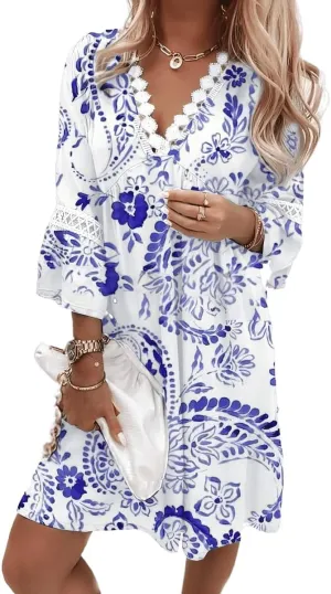 Women's Boho Floral Lace V-Neck Dress, 3/4 Sleeve Mini Beach Sundress, Flowy Swing Hawaiian Print for Summer 2024