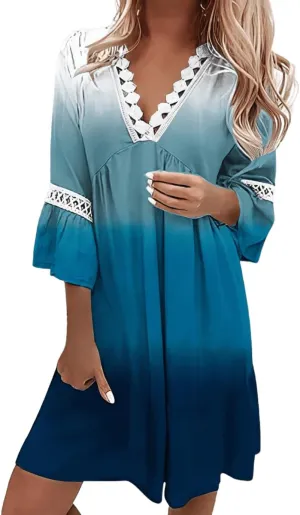 Women's Boho Floral Lace V-Neck Dress, 3/4 Sleeve Mini Beach Sundress, Flowy Swing Hawaiian Print for Summer 2024